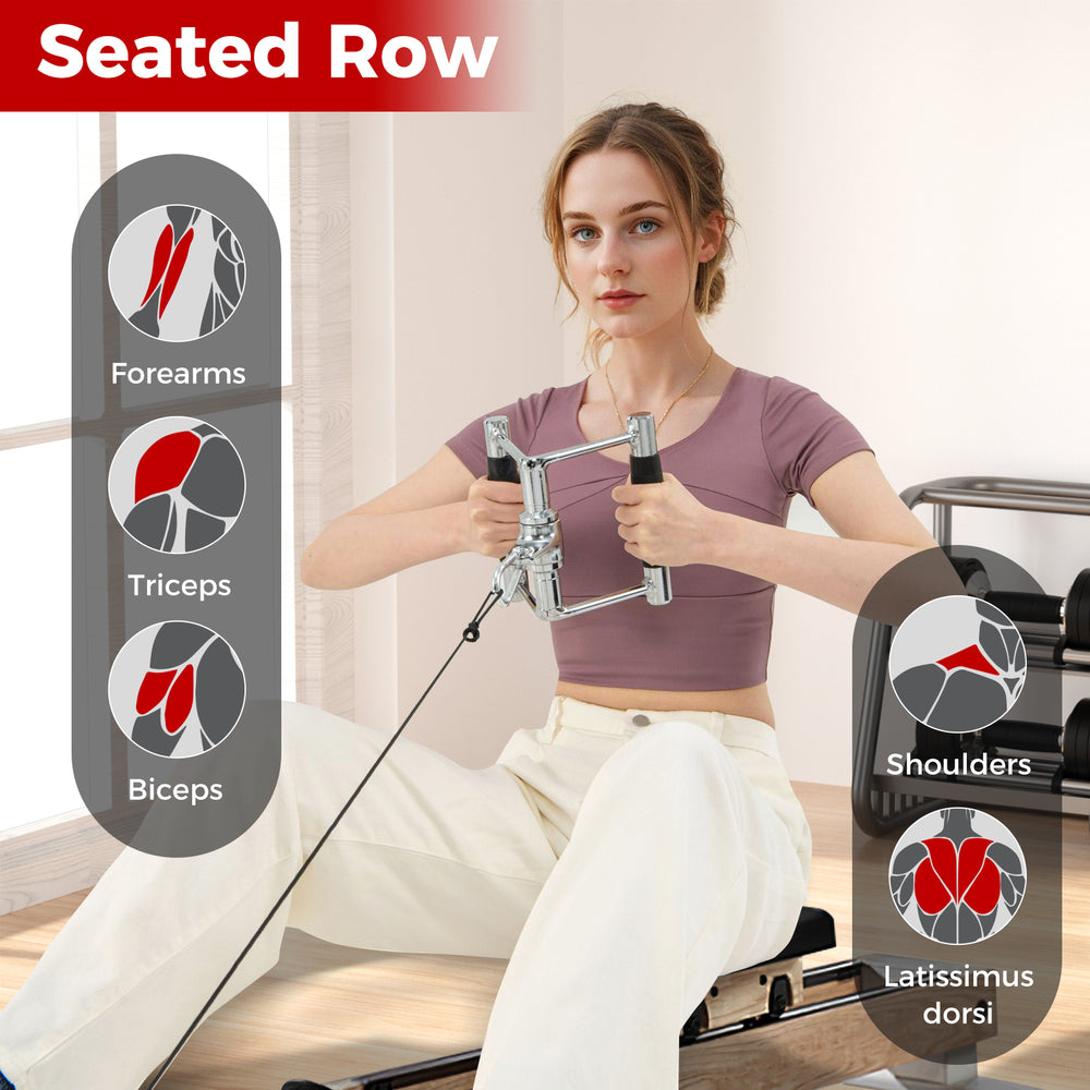 Seated row exercise using a V handle from the 4-Piece Cable Machine Attachment Set for home gym strength training.