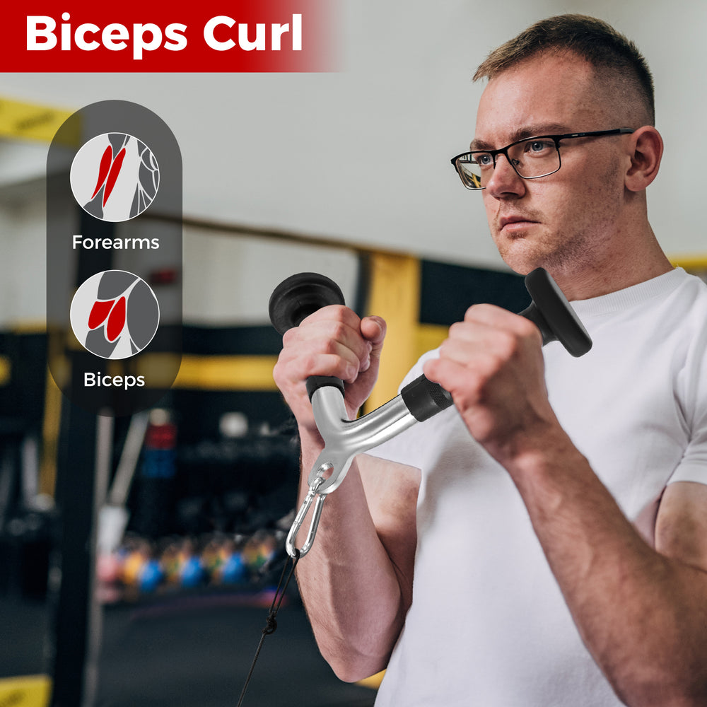 V handle from the 4-piece cable machine attachment set, designed for biceps curls, featuring knurled grips for comfort.