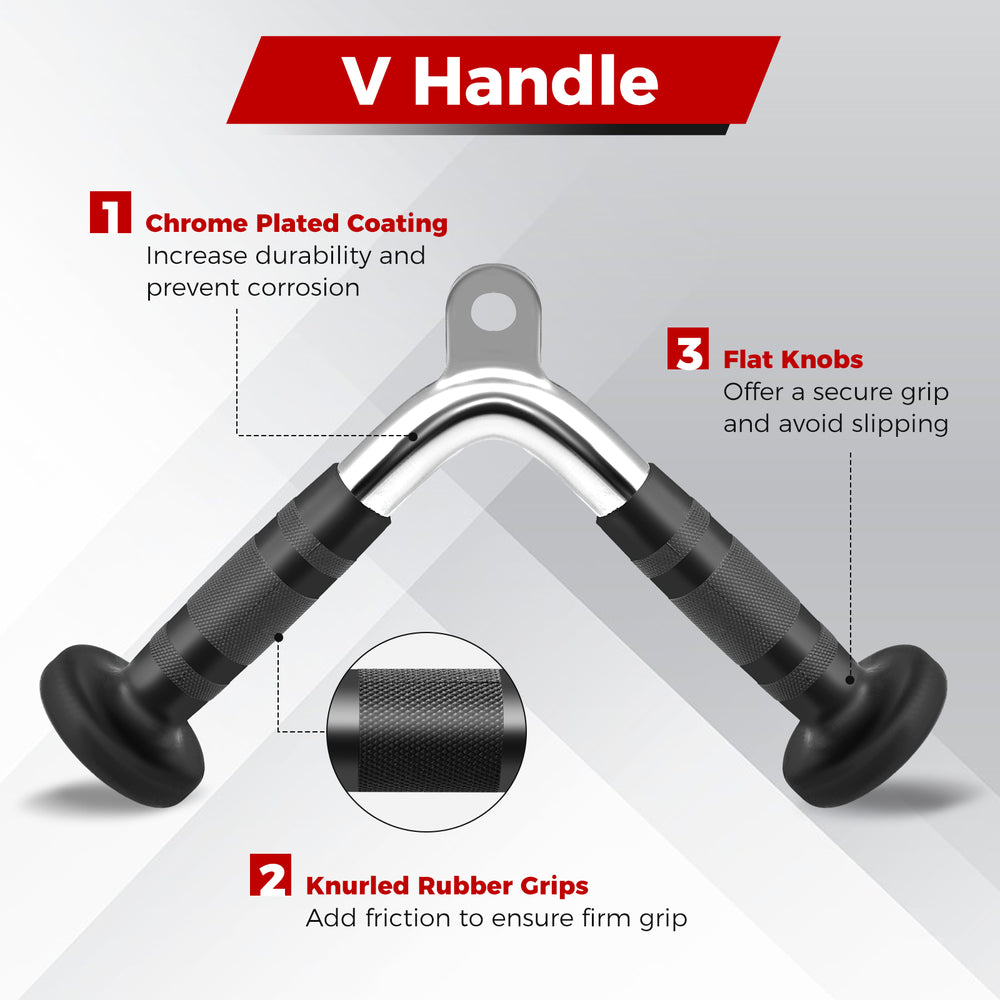 V handle with chrome plated coating and knurled rubber grips for secure hold, designed for cable machine workouts.