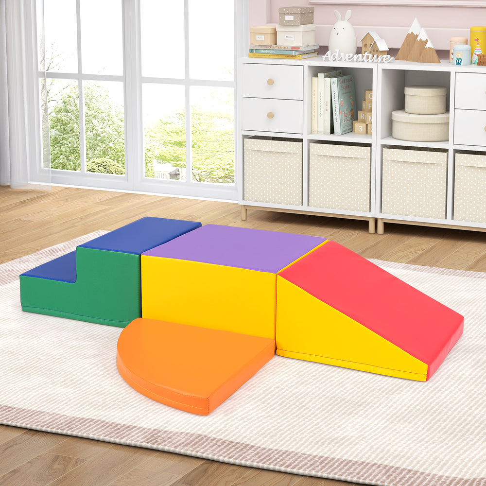 Colorful 4-piece foam block play set for infants, featuring a slide, step, and shapes for creative play and safe.