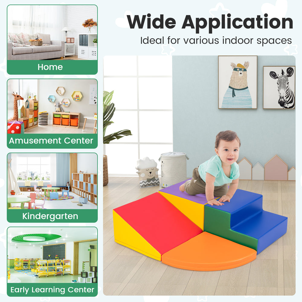 4-piece foam block play set in red, featuring a slide and steps, ideal for indoor play in homes and daycares.