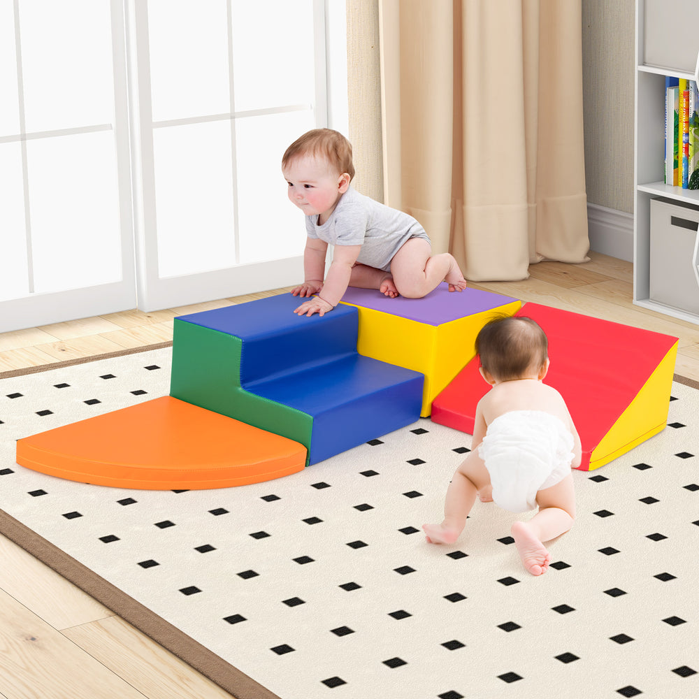 Colorful 4-piece foam block play set for infants, featuring a slide and steps, ideal for climbing and crawling.