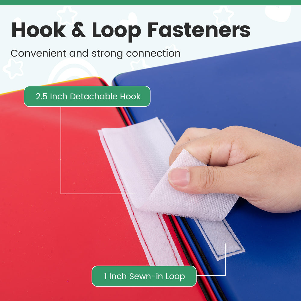 Close-up of the 2.5-inch detachable hook and 1-inch sewn-in loop of the 4-piece foam block play set for infants.