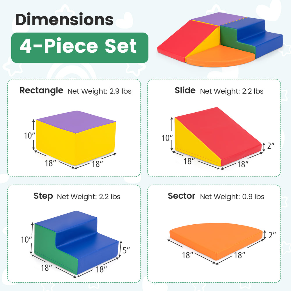 Colorful 4-piece foam block play set including rectangle, slide, step, and sector for safe infant play and exploration.