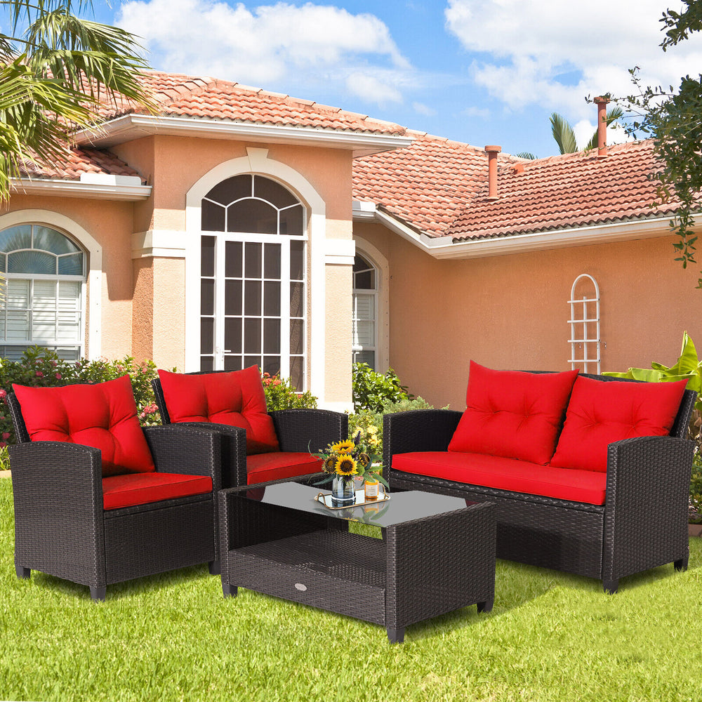 4 Pieces Patio Rattan Furniture Set with Tempered Glass Coffee Table-Red - Gallery View 1 of 11