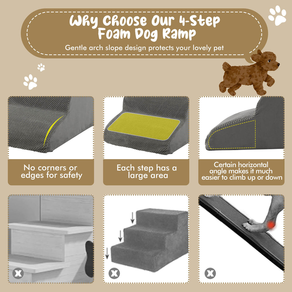 4-step foam dog ramp in gray with non-slip surface, designed for easy pet access to beds and furniture.