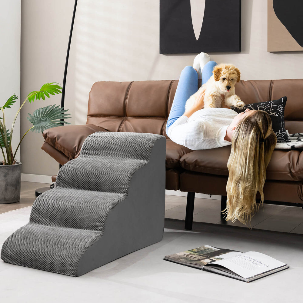 4-tier gray foam dog steps with non-slip surface, designed for easy pet access to sofas and beds.