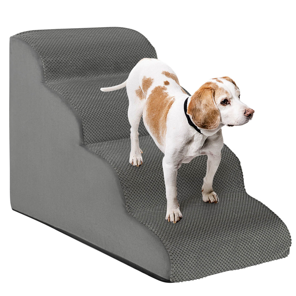 4-tier gray foam dog steps with non-slip surface, designed for easy pet access to beds and sofas.