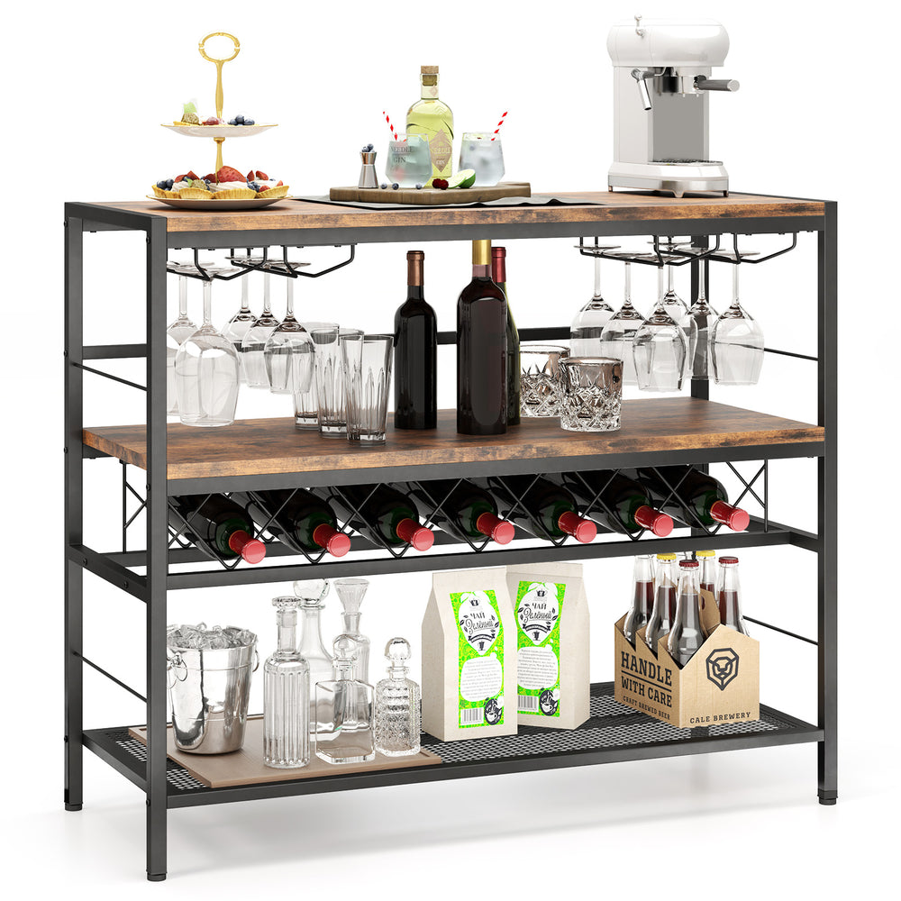 41-inch rustic brown bar table with wine rack, 4 rows of glass holders, and 3 storage shelves for kitchen or dining.