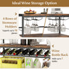 41-inch rustic brown bar table with wine rack, holding 7 bottles and 4 rows for 16 glasses, ideal for dining spaces.