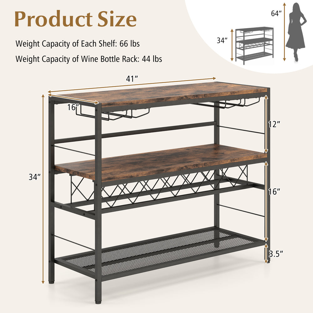 41-inch rustic brown 4-tier bar table with wine rack, featuring 3 shelves and 4 rows of glass holders for versatile.