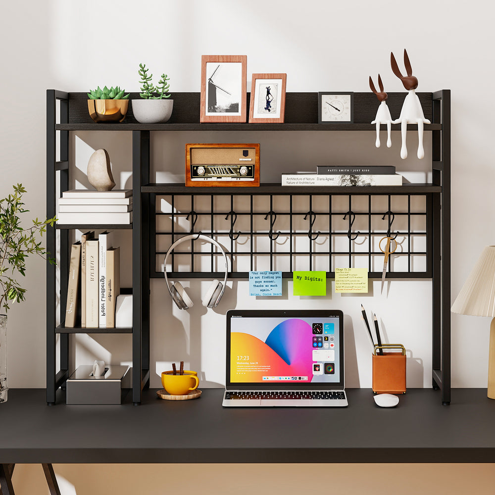 4-tier black desk shelf with metal grid panel, 6 hooks, and space for decor, perfect for home office organization.