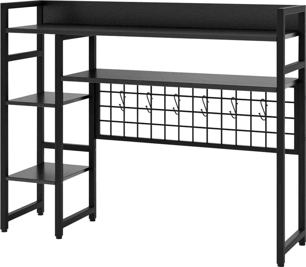 4-tier black desk shelf with metal grid panel and 6 hooks, ideal for organizing books and essentials on a computer desk.