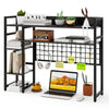 4-tier black desk shelf with metal grid panel, 6 hooks, and space for monitors, ideal for home or office organization.