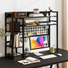 4-tier black desk shelf with metal grid panel and hooks, ideal for organizing books and decor on a computer desk.