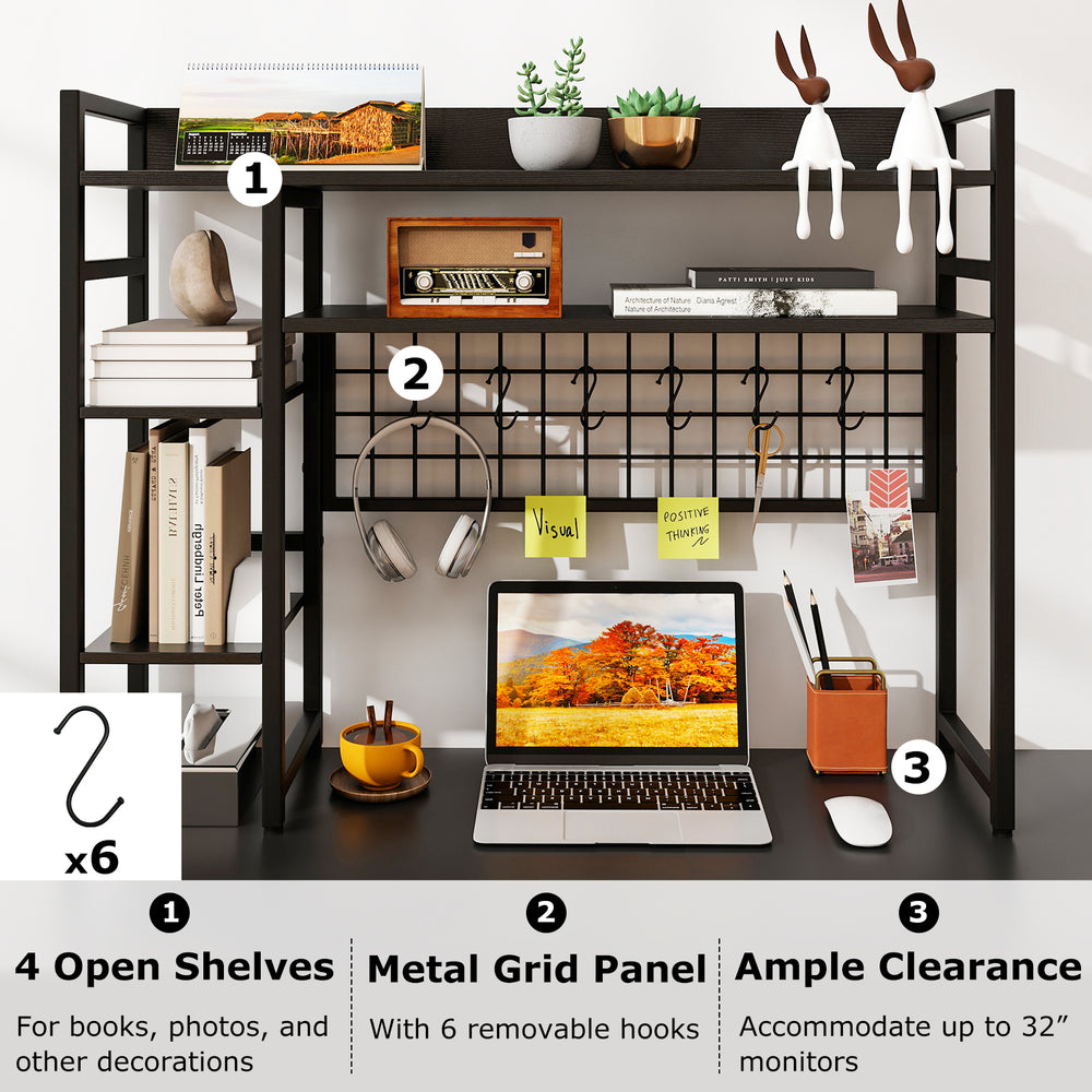 4-tier black desk shelf with metal grid panel, 6 hooks, and ample clearance for up to 32" monitors, ideal for.