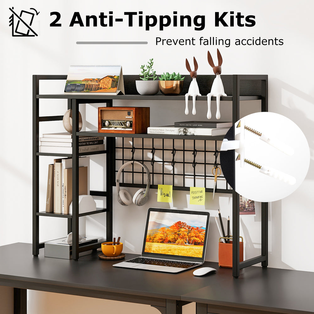 4-tier black desk shelf with metal grid panel, 6 hooks, and anti-tipping kits for stable organization and display.