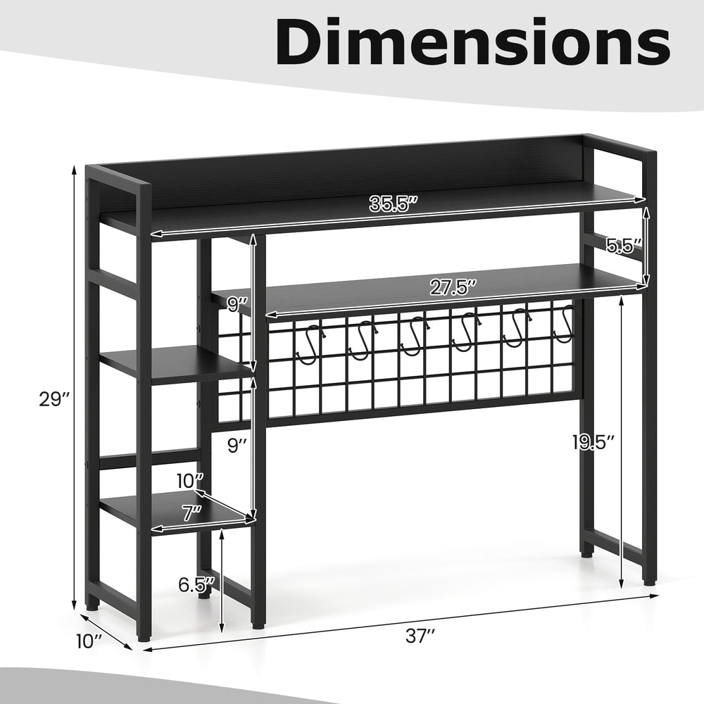 4-tier black desk shelf with metal grid panel, dimensions shown, features 6 hooks for organization and stability.