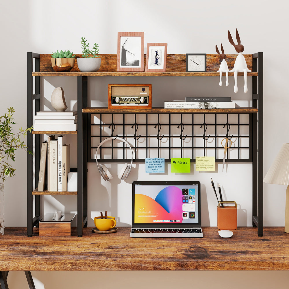 4-Tier Desk Shelf Desktop Display Rack with Metal Grid Panel and 6 Hooks-Rustic Brown - Gallery View 1 of 10