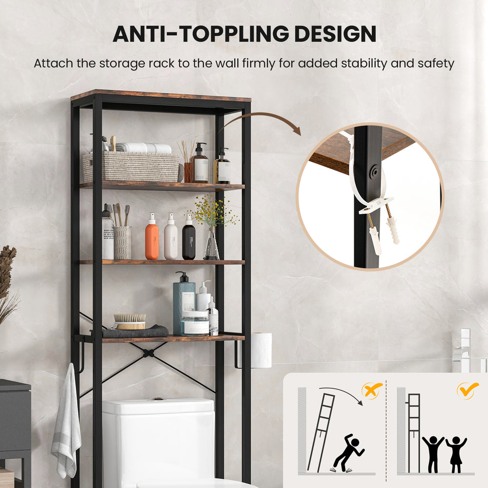 4-tier rustic brown over-the-toilet storage rack with anti-toppling design for stable organization in bathrooms.