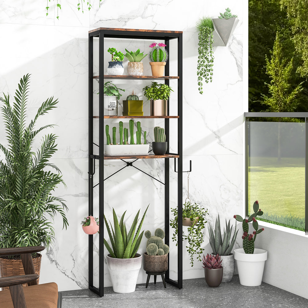 4-tier freestanding storage rack in rustic brown, ideal for bathroom or balcony, featuring sturdy MDF shelves and metal.