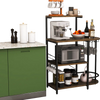 4-tier kitchen bakers rack in rustic brown with S-hooks and stemware racks, perfect for coffee stations or storage.