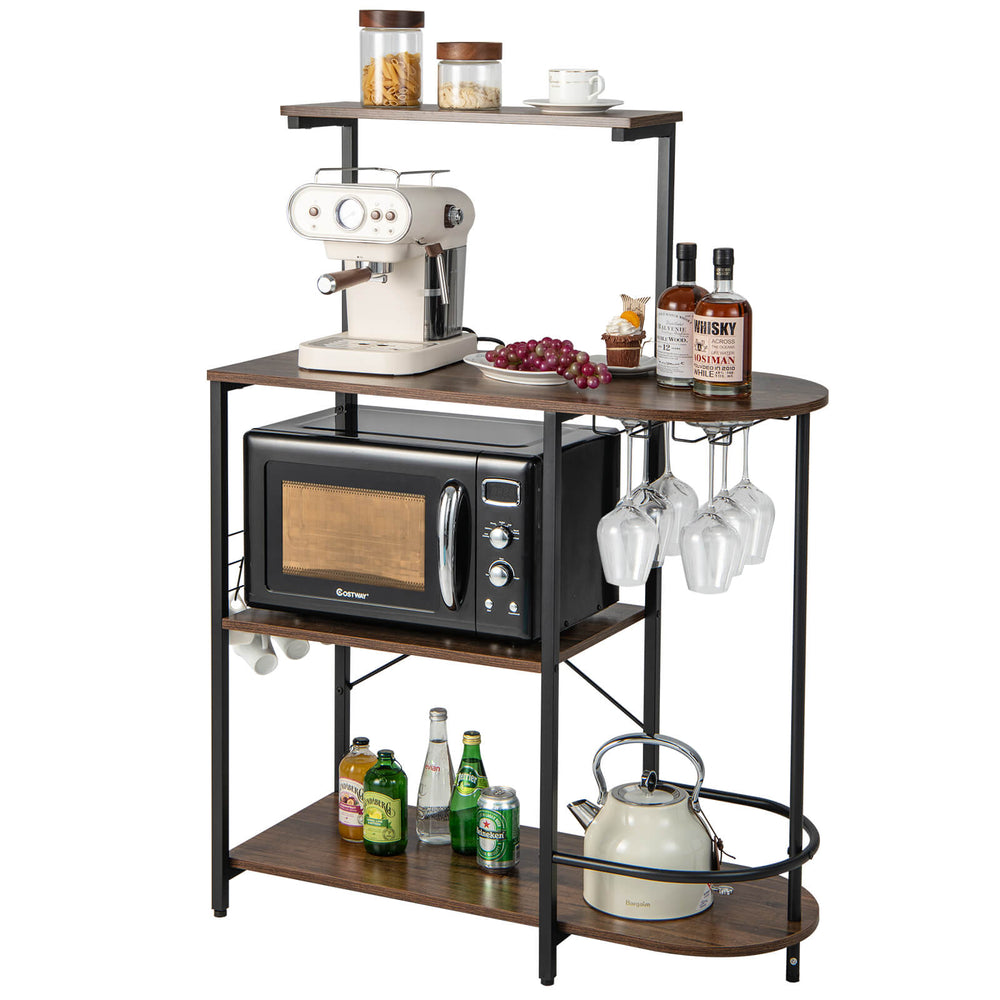 4-tier kitchen bakers rack in rustic brown with removable top shelf, S-hooks, and stemware racks for versatile storage.