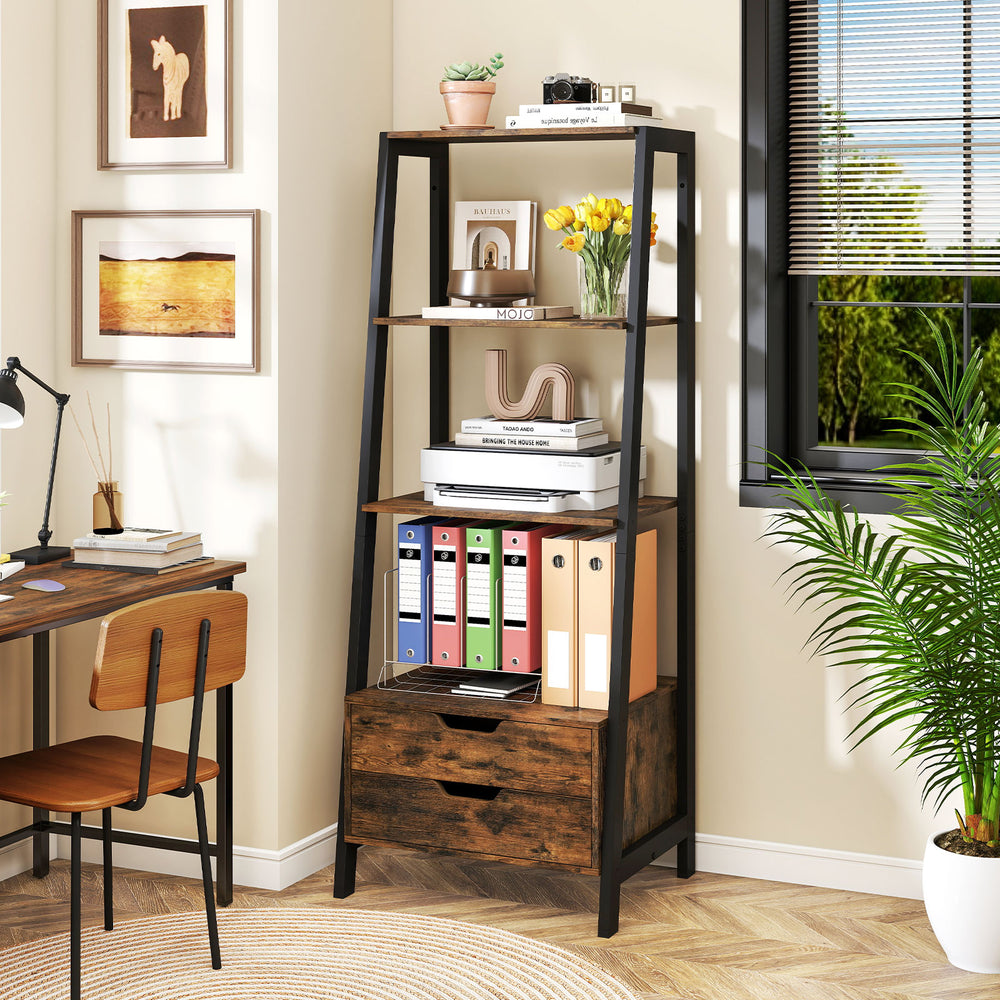 4-Tier Ladder Shelf with 2 Drawers 52.5 Inch Tall Freestanding Bookcase-Rustic Brown - Gallery View 1 of 10