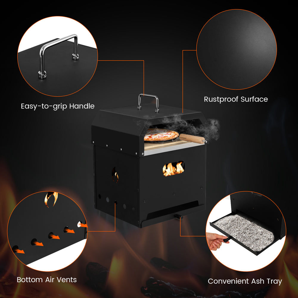 Portable 4-in-1 outdoor pizza oven with stainless steel construction, easy-grip handle, and convenient ash tray for.