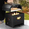 Portable 4-in-1 outdoor pizza oven with 12-inch pizza stone, featuring a stainless steel design and flames for cooking.