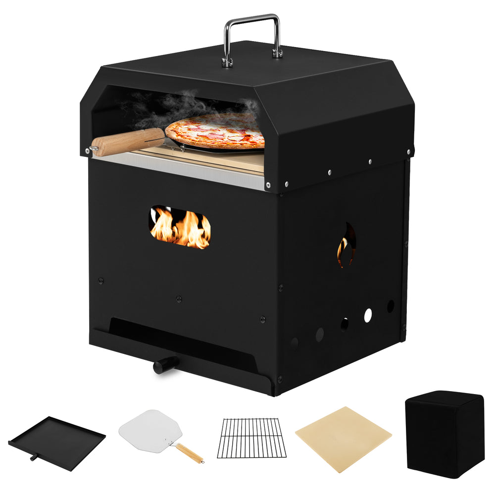 Outdoor portable pizza oven with 12-inch pizza stone, made of stainless steel, ideal for BBQ grilling and baking.