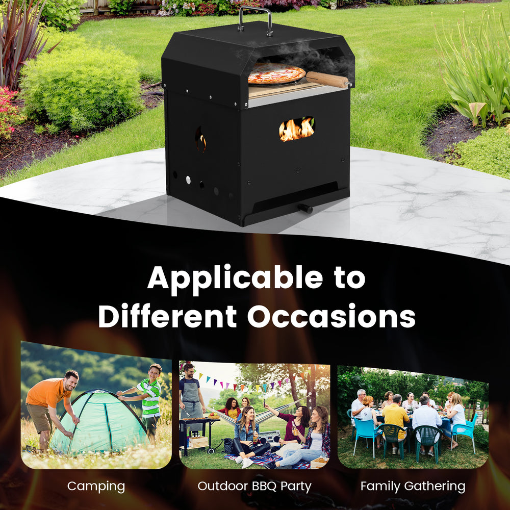 4-in-1 outdoor portable pizza oven with 12-inch pizza stone, made of stainless steel, ideal for camping and BBQ.