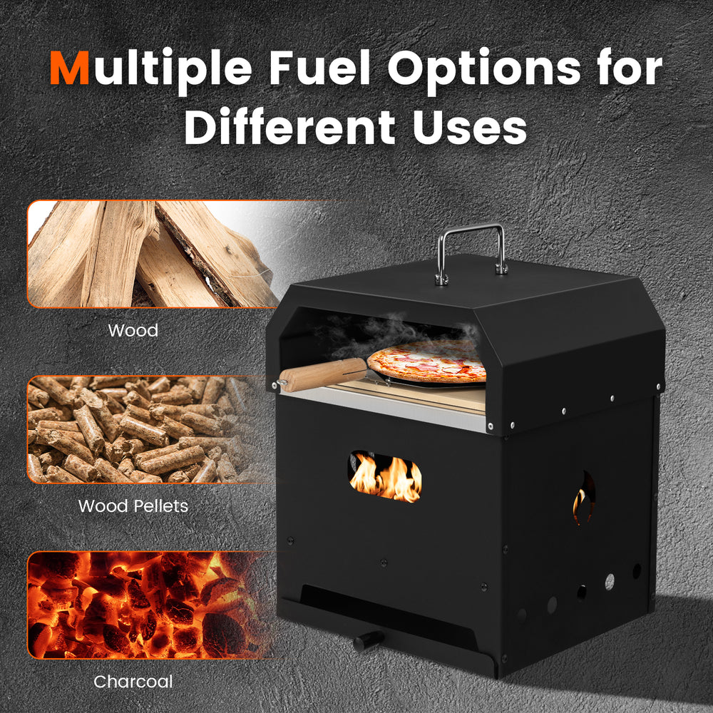 4-in-1 outdoor portable pizza oven with stainless steel design, featuring wood, pellet, and charcoal fuel options for.