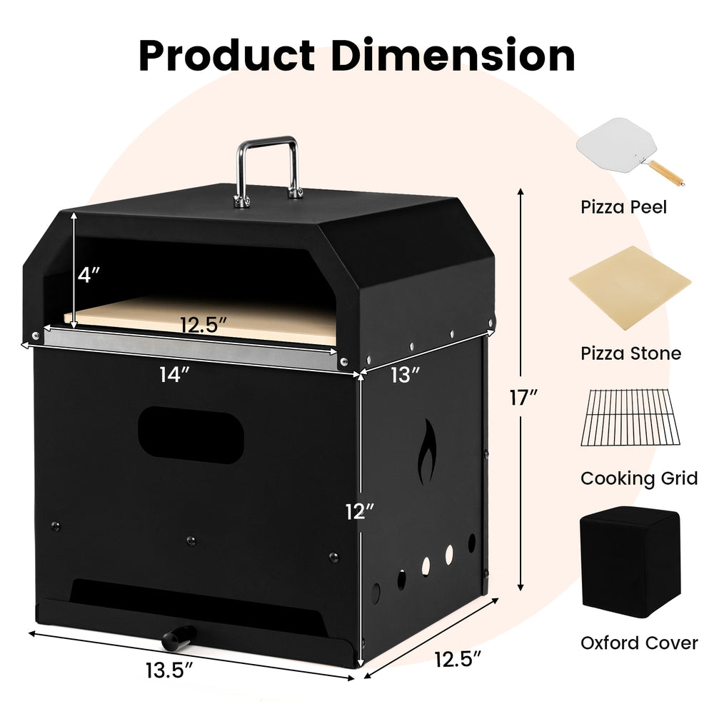 Dimensions of the 4-in-1 outdoor portable pizza oven with 12-inch pizza stone, designed for versatile cooking options.