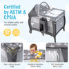 Portable baby nursery center in gray with removable changing table, detachable canopy, and breathable mesh for safety.
