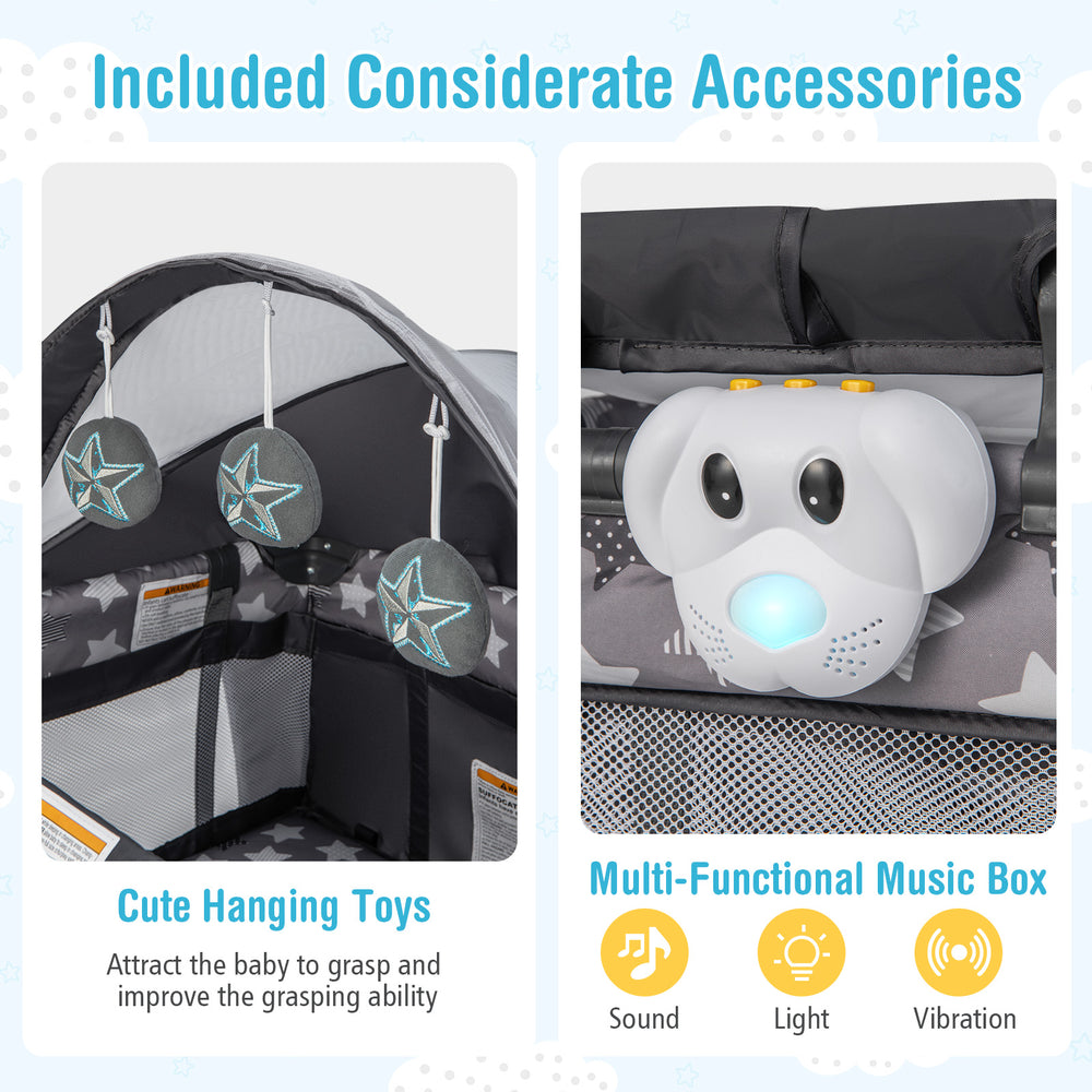 Portable baby nursery center with cute hanging toys and a multi-functional music box for entertainment and growth.