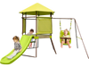 Green slide and swings on a 4-in-1 swing set with a playhouse fort, featuring safety nets for secure outdoor play.