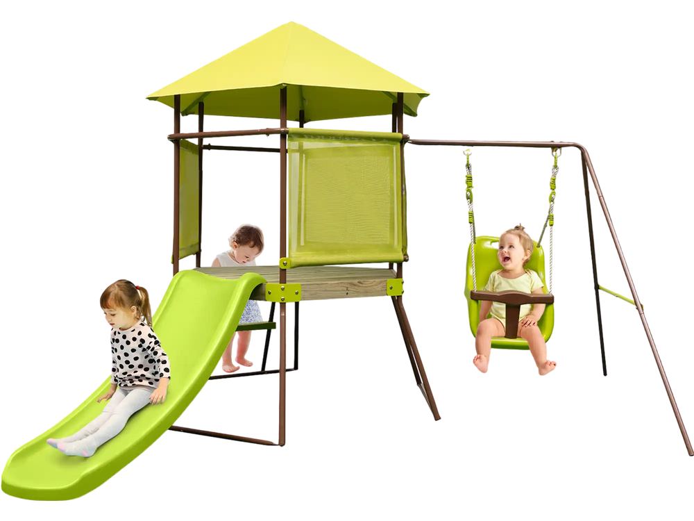 Green slide and swings on a 4-in-1 swing set with a playhouse fort, featuring safety nets for secure outdoor play.