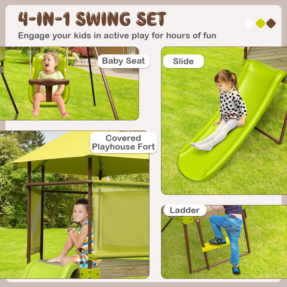 4-in-1 swing set featuring a green slide, baby seat, and covered playhouse fort for safe outdoor fun.