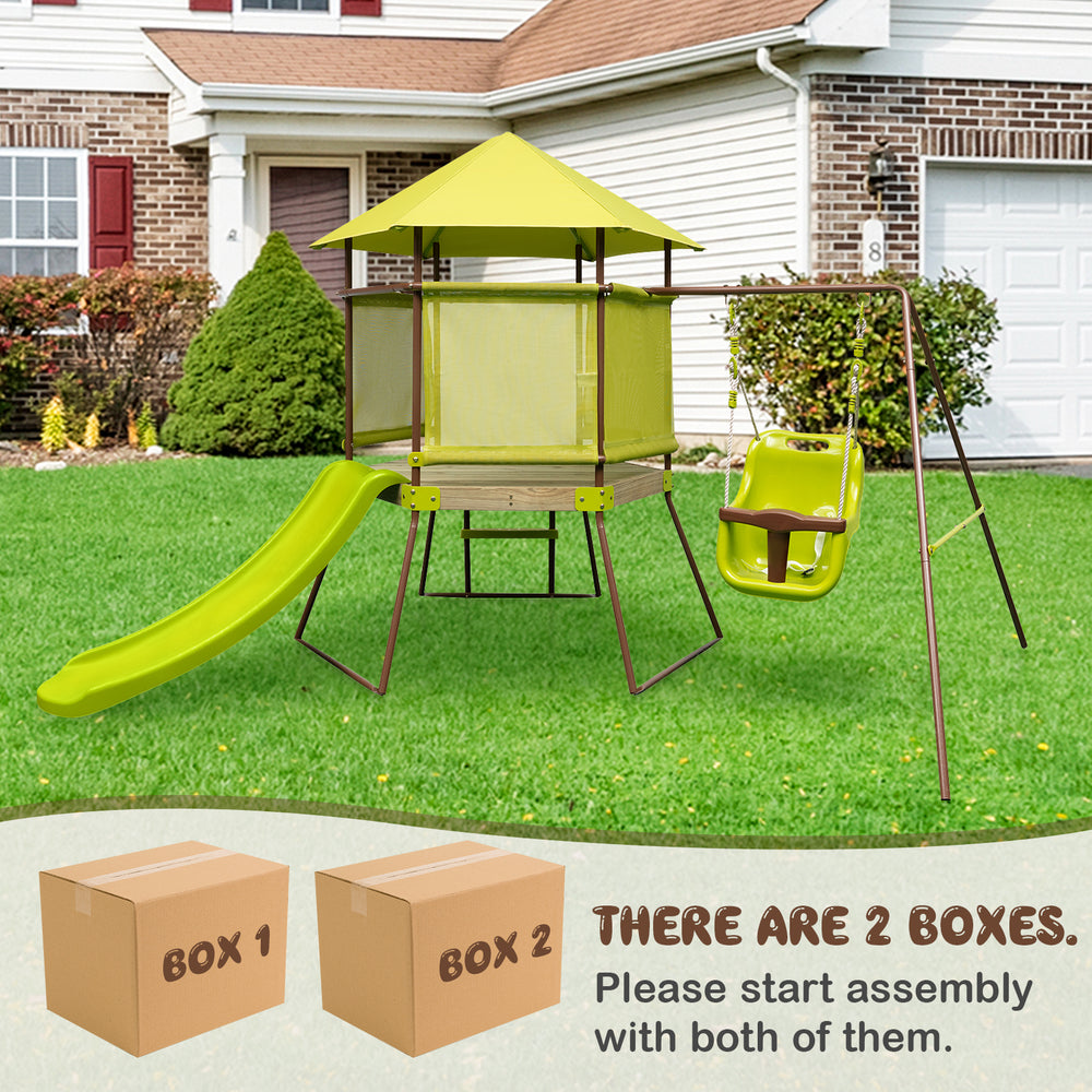 4-in-1 swing set with green covered playhouse, slide, and height adjustable baby seat for outdoor fun and safety.