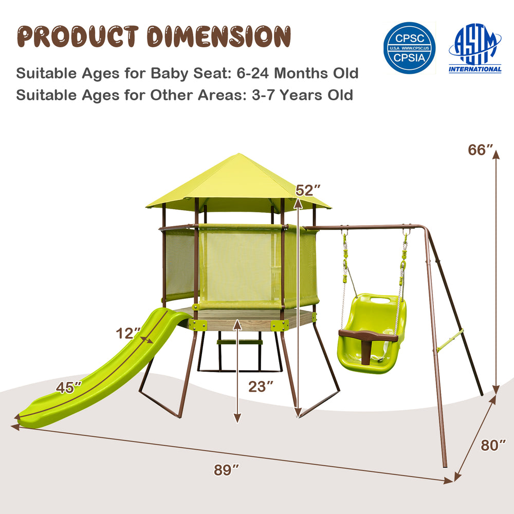 4-in-1 swing set with covered playhouse fort, height adjustable baby seat, slide, and safety features for outdoor fun.