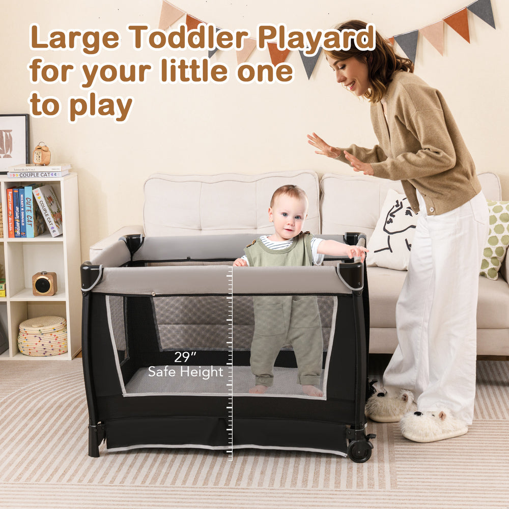 4-in-1 Convertible Portable Baby Play Yard with Toys and Music Player-Gray - Gallery View 1 of 9