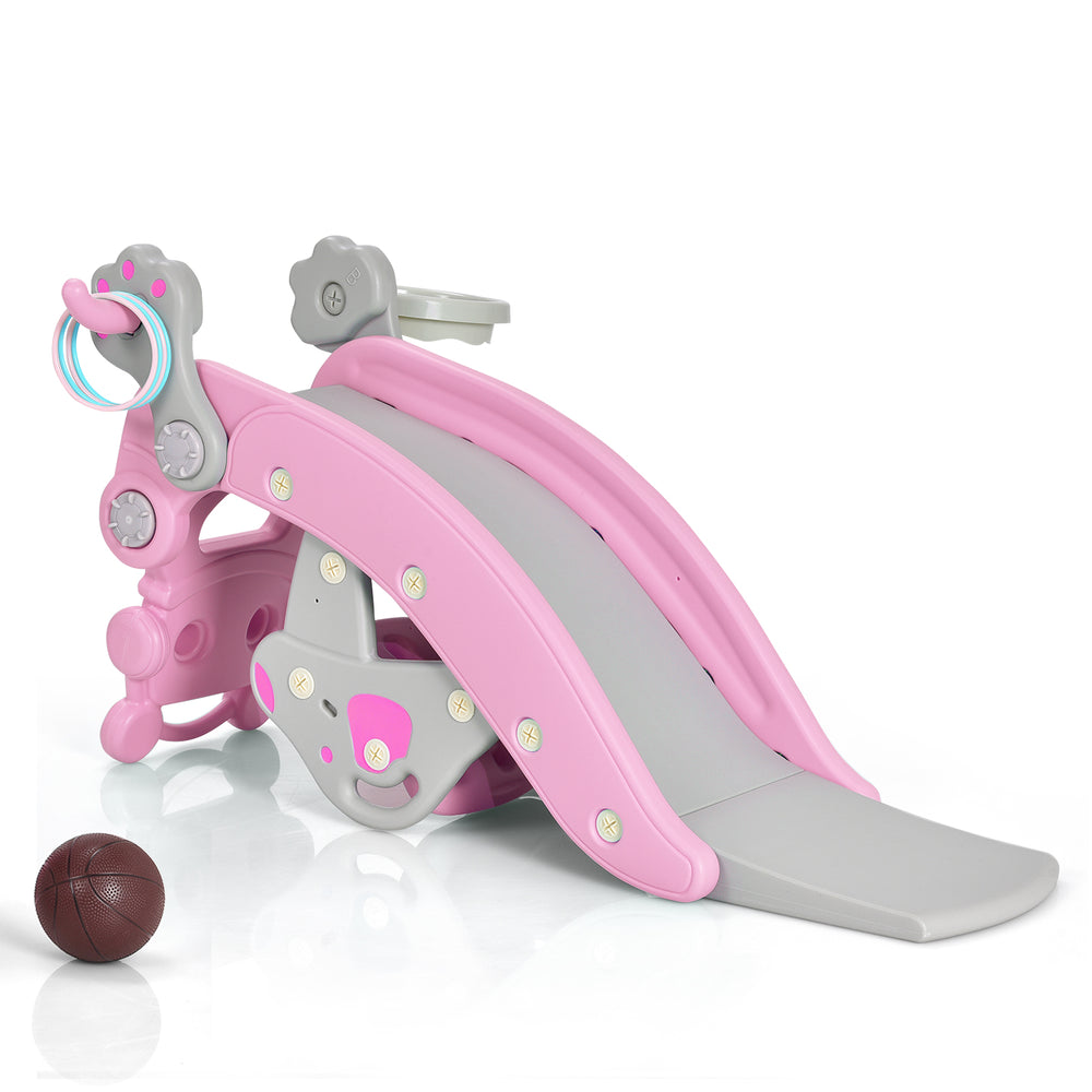 4-in-1 pink rocking horse and slide set for kids, featuring a smooth slide and swing for safe play and fun activities.