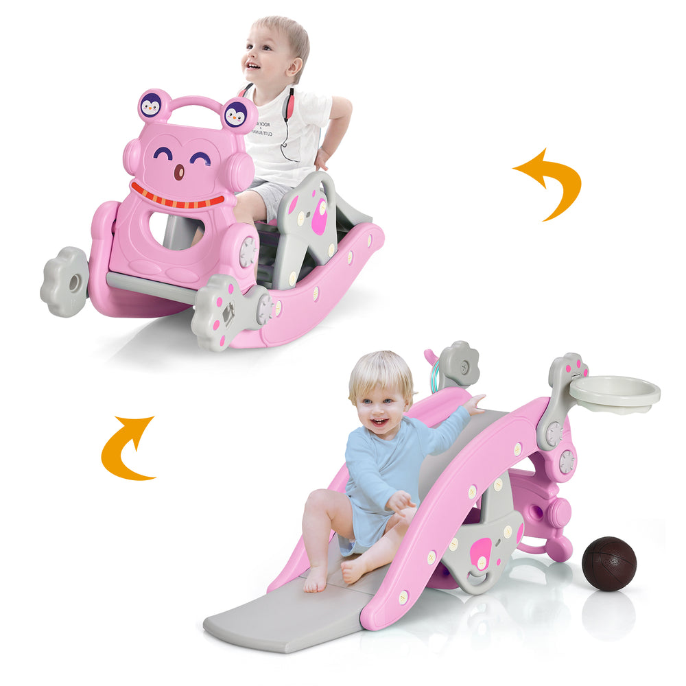 Pink 4-in-1 rocking horse and slide set for kids, showcasing the slide component and safe design for active play.