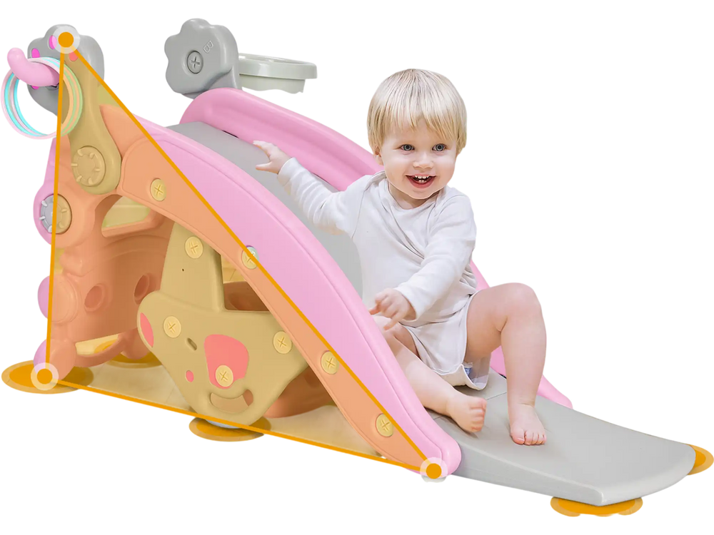 4-in-1 pink rocking horse and slide set for kids, featuring a stable structure and ergonomic design for safe play.