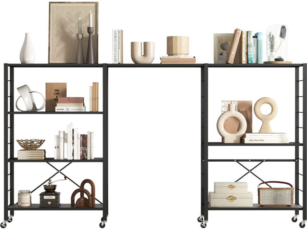 4-tier black foldable storage shelf with wheels, ideal for versatile display in kitchens and living rooms.
