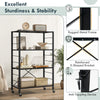 4-tier black foldable storage shelf with sturdy metal frame and wheels, ideal for kitchens and living rooms.