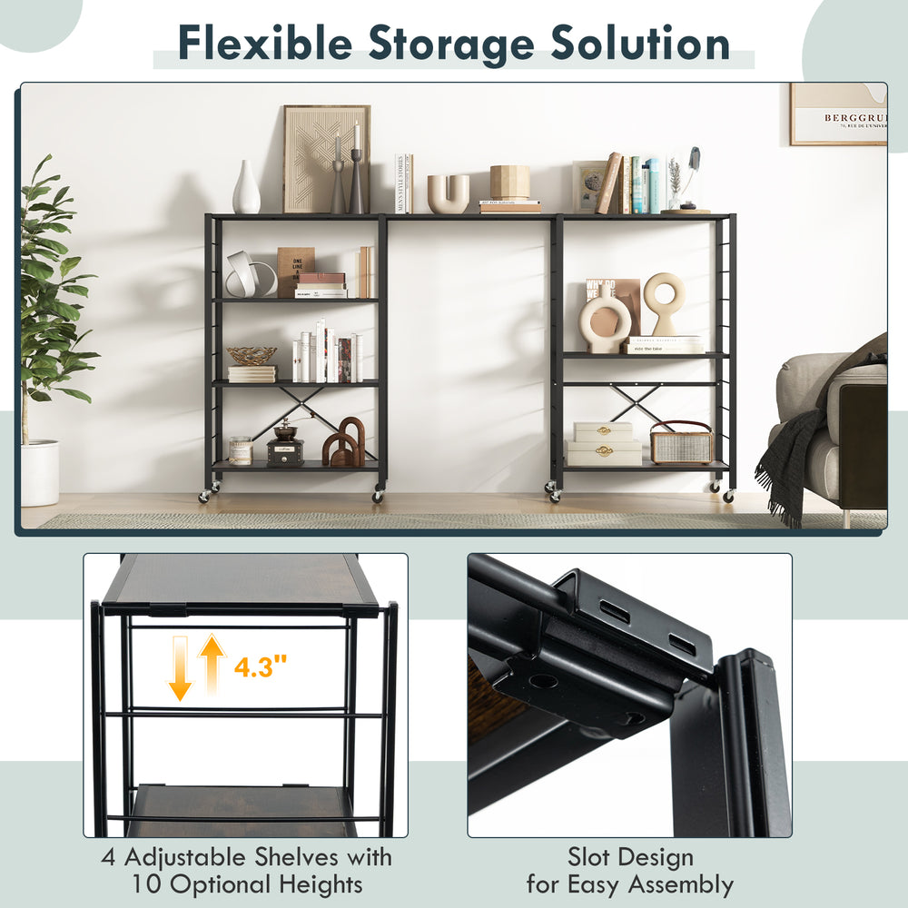 4-tier foldable storage shelf in black with adjustable heights, ideal for kitchens and living rooms, featuring a sturdy.