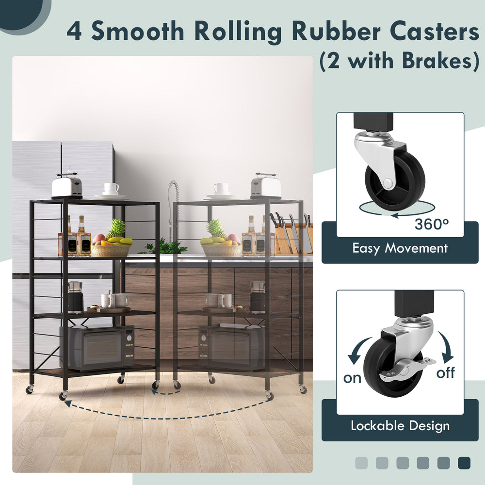 4-tier foldable storage shelf in black with 4 smooth rolling rubber casters, ideal for kitchens and living rooms.