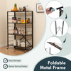 4-tier black foldable storage shelf with metal frame, ideal for kitchen or living room, featuring 4 universal wheels.